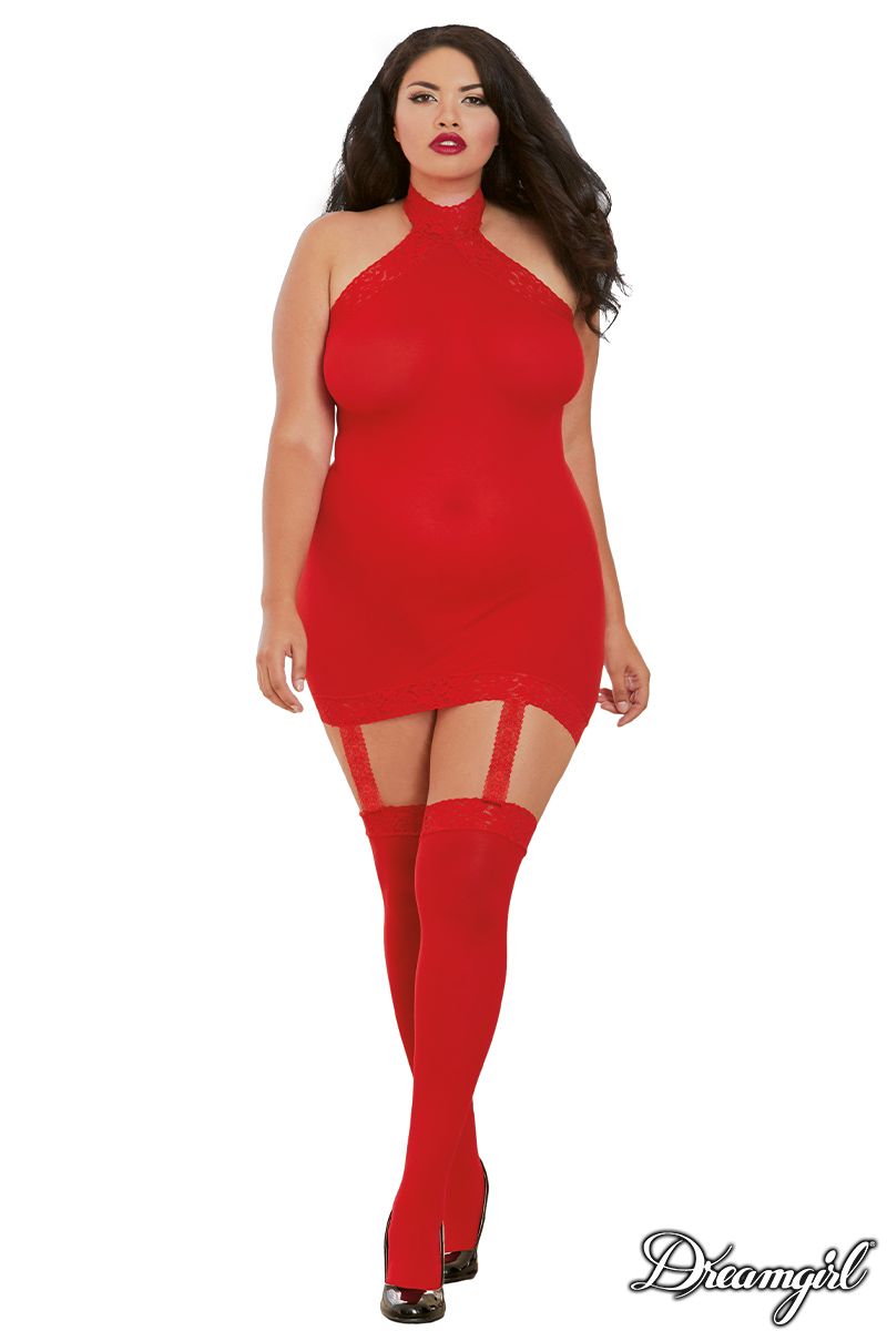 Halter Garter Dress with Attached Garters & Thigh High Stockings