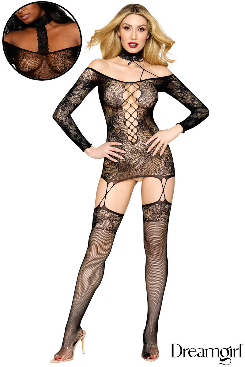 Lace Patterned Knit Garter Dress