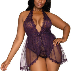 Halter Plunge Front Lace Teddy with Skirt