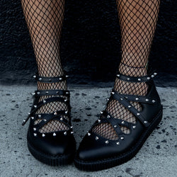 TUK-A3421L Mary Jane à sangle croisée noire cloutée