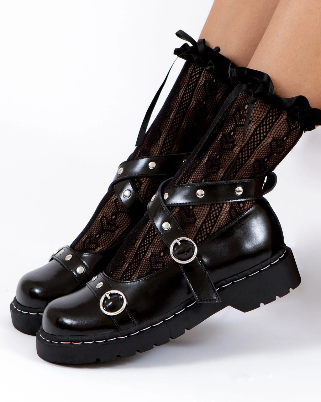 TUK Black Leather Studded Ankle Strap Mary Jane