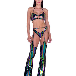 Rainbow Print Vinyl & Fishnet Chaps