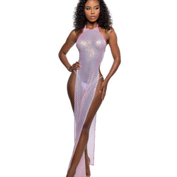 Long Diamond Sequin Mesh Gown with Slits