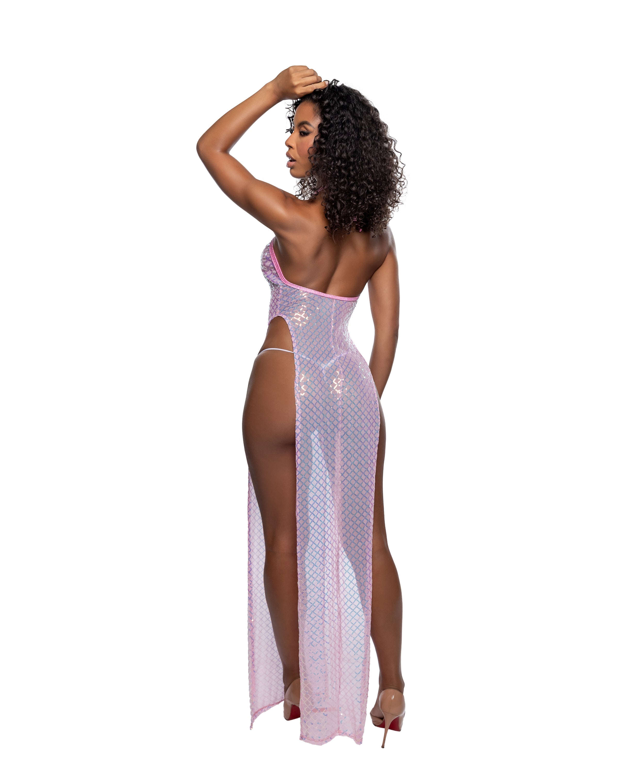 Long Diamond Sequin Mesh Gown with Slits
