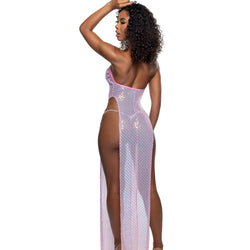 Long Diamond Sequin Mesh Gown with Slits