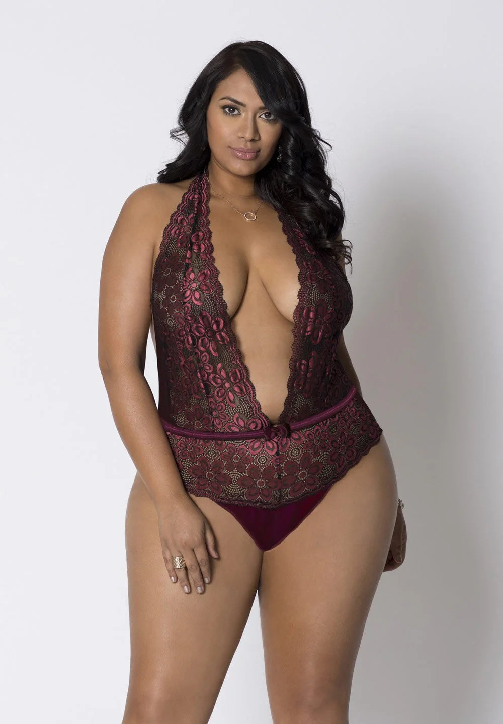 Allover Lace & Microfiber Halter Teddy