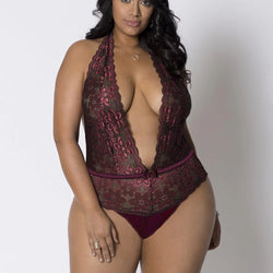 Allover Lace & Microfiber Halter Teddy