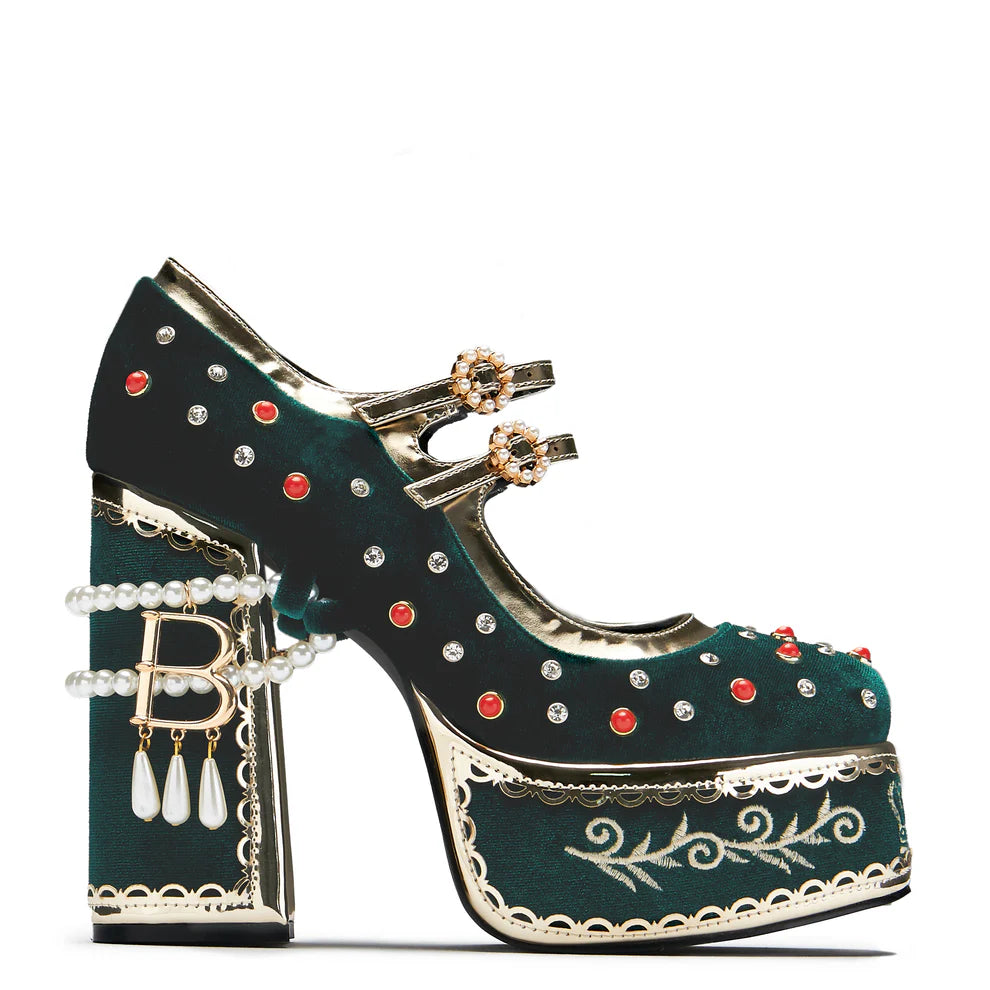KOI Boleyn’s Revenge Bejewelled Velvet Heels - Green-Clearance
