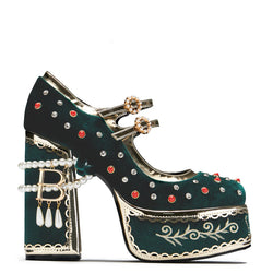 KOI Boleyn’s Revenge Bejewelled Velvet Heels - Green-Size 13-Clearance