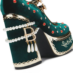 KOI Boleyn’s Revenge Bejewelled Velvet Heels - Green-Size 13-Clearance