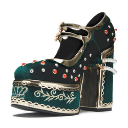 KOI Boleyn’s Revenge Bejewelled Velvet Heels - Green-Size 13-Clearance