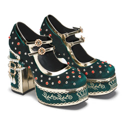 KOI Boleyn’s Revenge Bejewelled Velvet Heels - Green-Size 13-Clearance