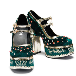 KOI Boleyn’s Revenge Bejewelled Velvet Heels - Green-Size 13-Clearance