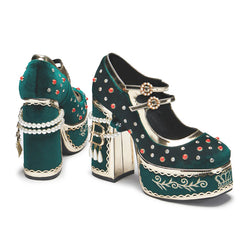 KOI Boleyn’s Revenge Bejewelled Velvet Heels - Green-Size 13-Clearance