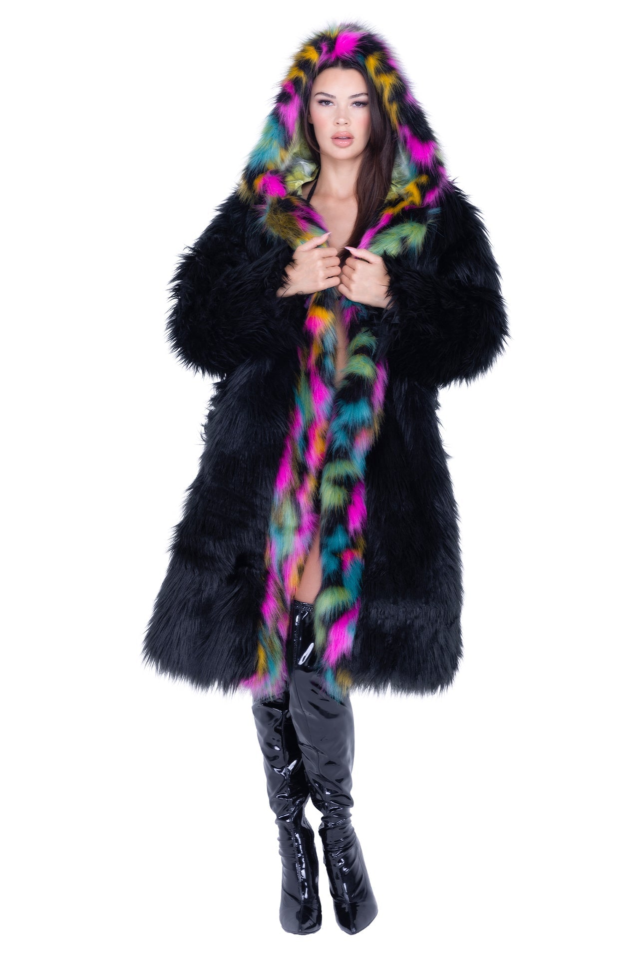 Mid-Length Hooded Fur Coat