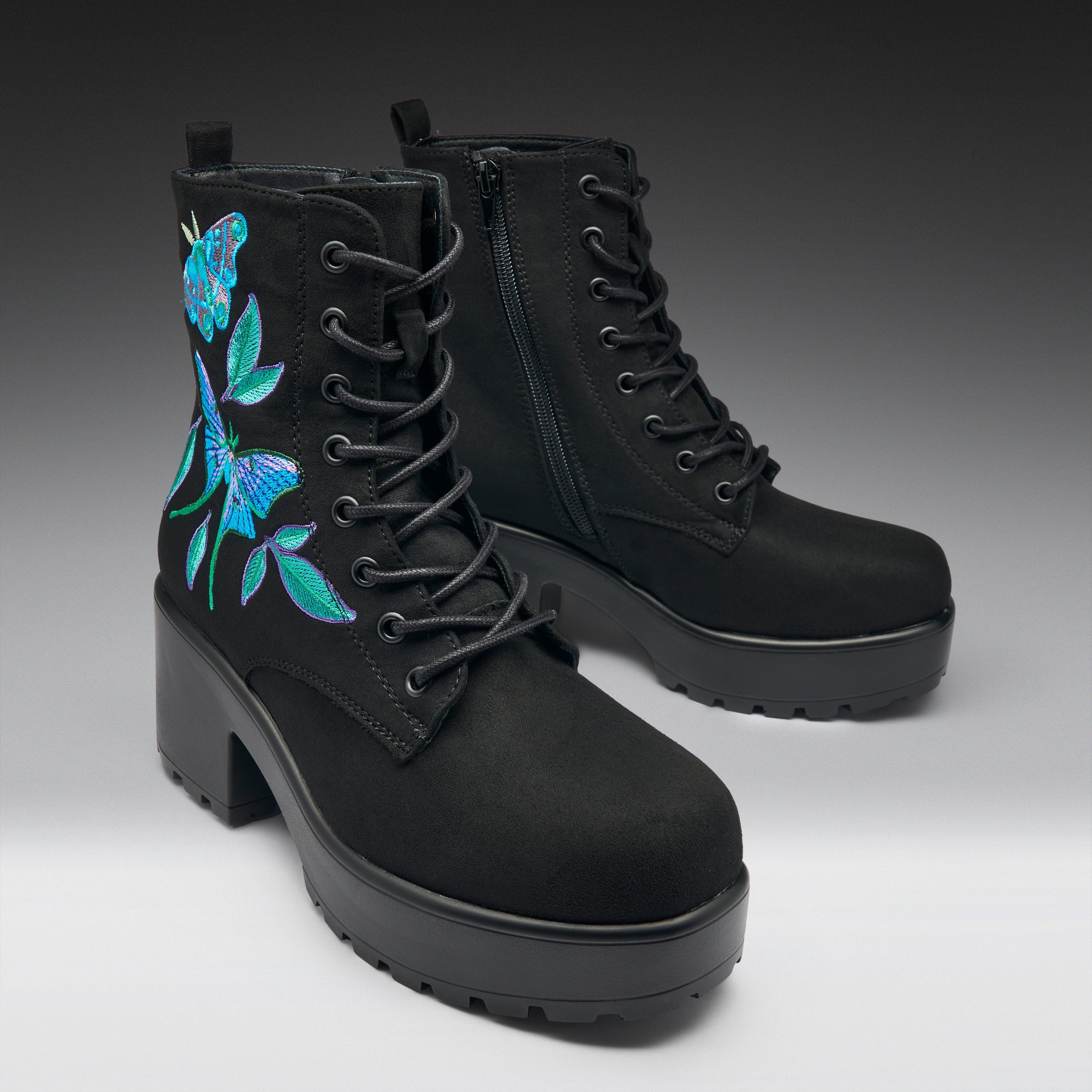 KOI Butterfly Dune Suede Platform Military Boots - Black