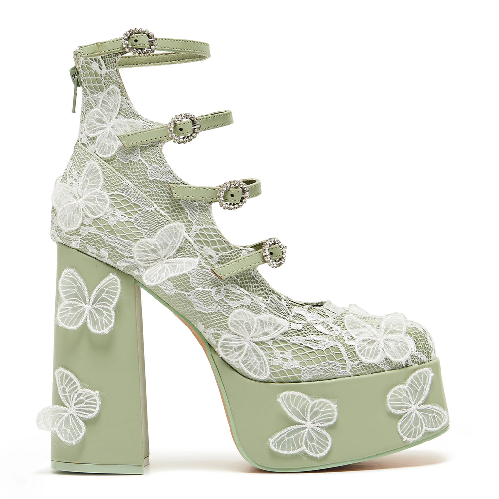KOI Wild Lotus Butterfly Lace Platform Heels - Green