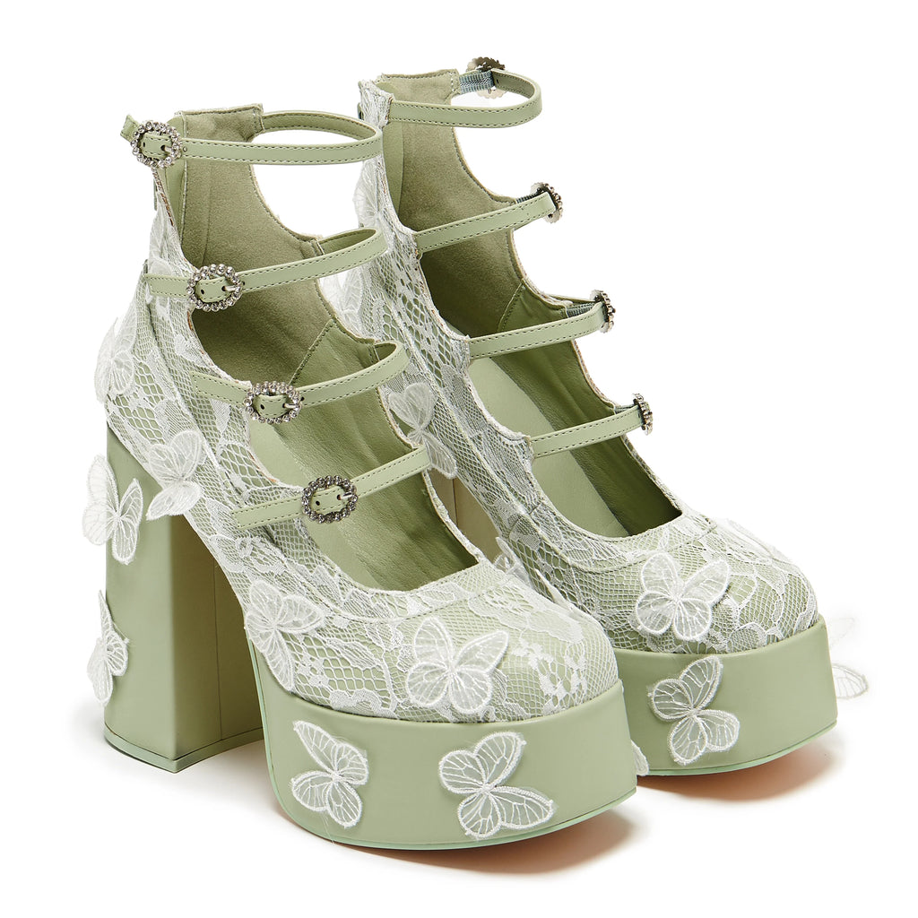 KOI Wild Lotus Butterfly Lace Platform Heels - Green