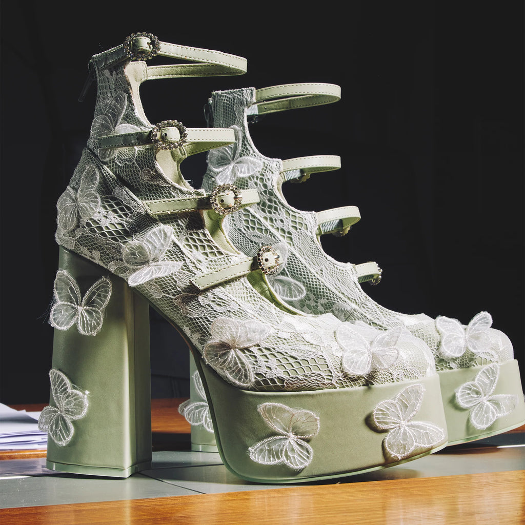 KOI Wild Lotus Butterfly Lace Platform Heels - Green