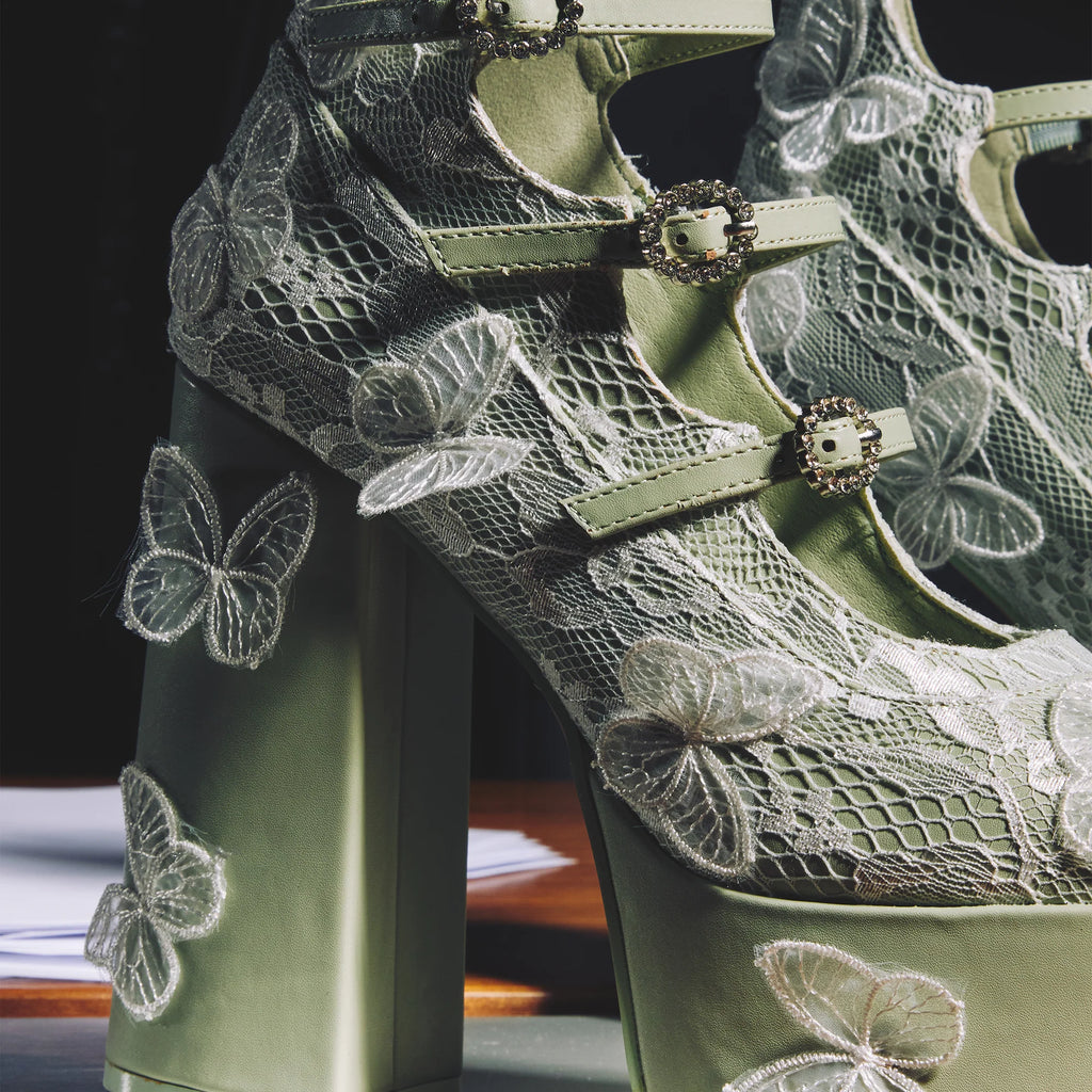 KOI Wild Lotus Butterfly Lace Platform Heels - Green