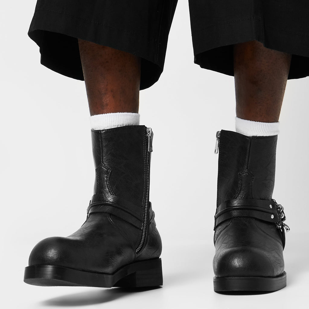 Legion Men's  Stacked Hardware Biker Boots - Vintage Black - Front Model View