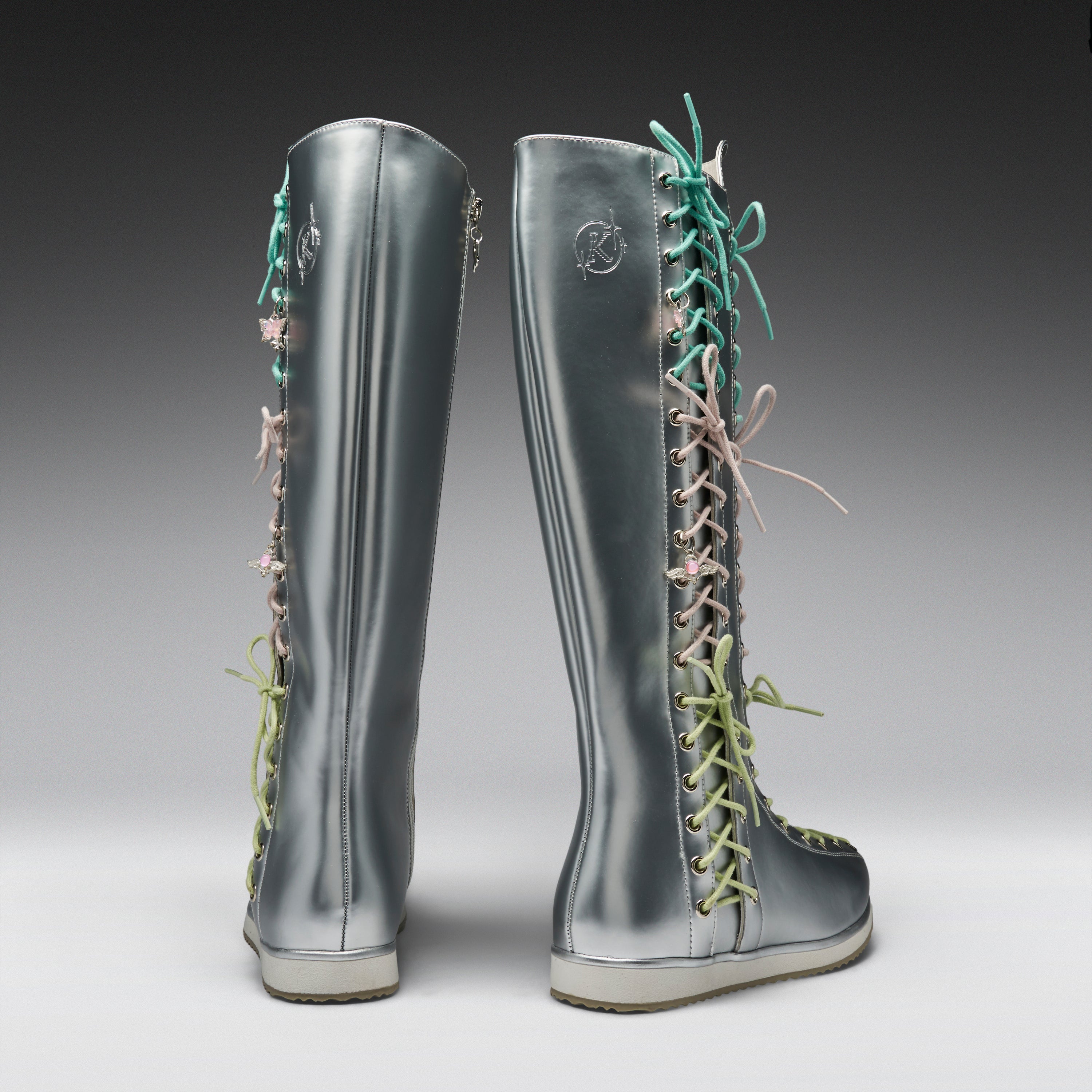 KOI Numinous Lace Up Charm Long Boots -Silver