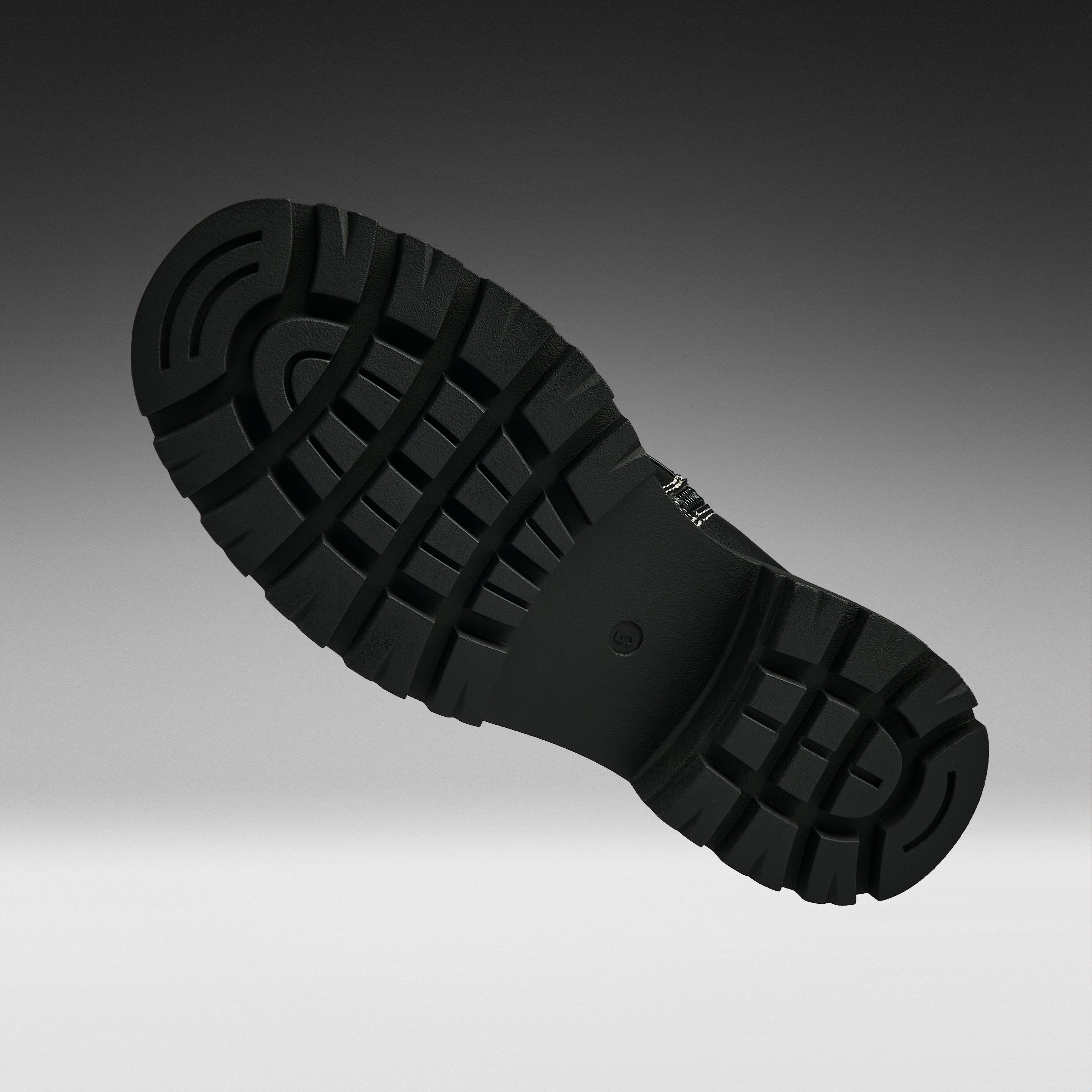 A close-up of a black rubber shoe sole with deep tread patterns, shown floating against a dark-to-light gray gradient background.