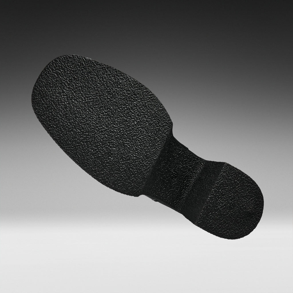 A black textured shoe sole shown floating against a gradient gray background.