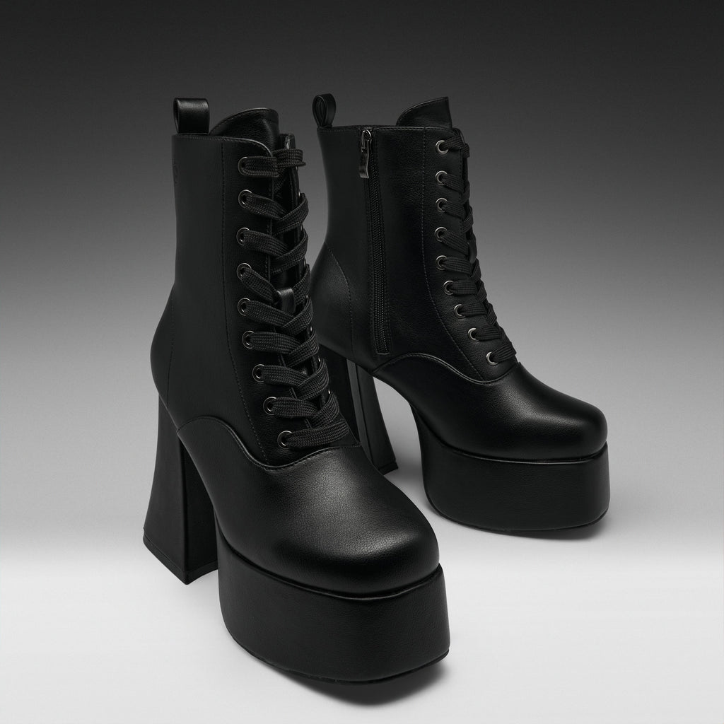 KOI Reign Lace Up Platform Heeled Boots-Black