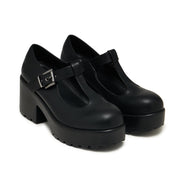 Black Chunky Platform Mary Janes - Faux Leather - Single Strap - Heeled