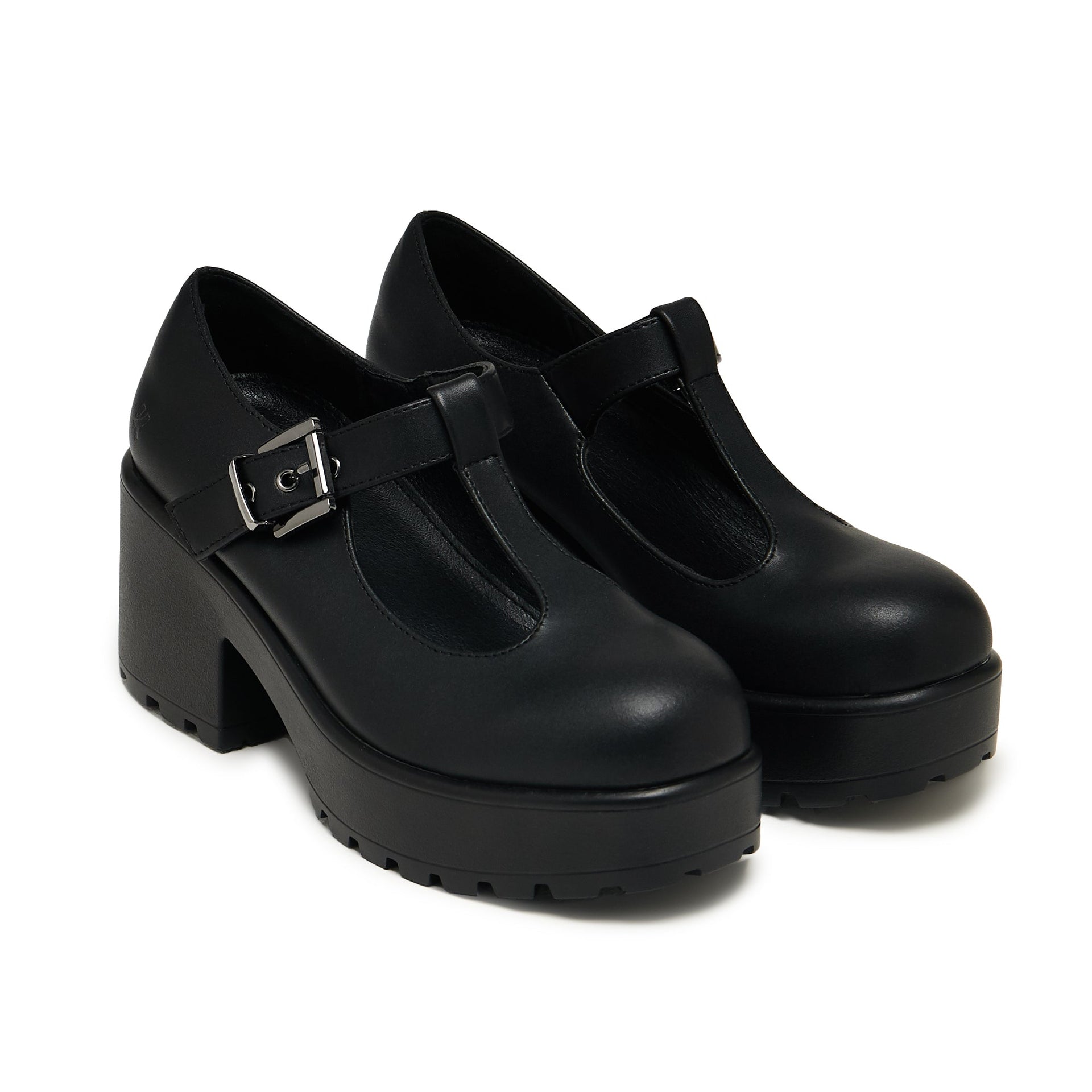 Black Chunky Platform Mary Janes - Faux Leather - Single Strap - Heeled