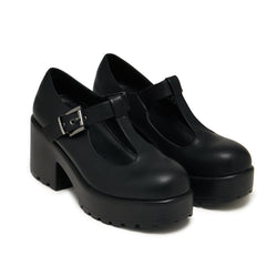 Black Chunky Platform Mary Janes - Faux Leather - Single Strap - Heeled