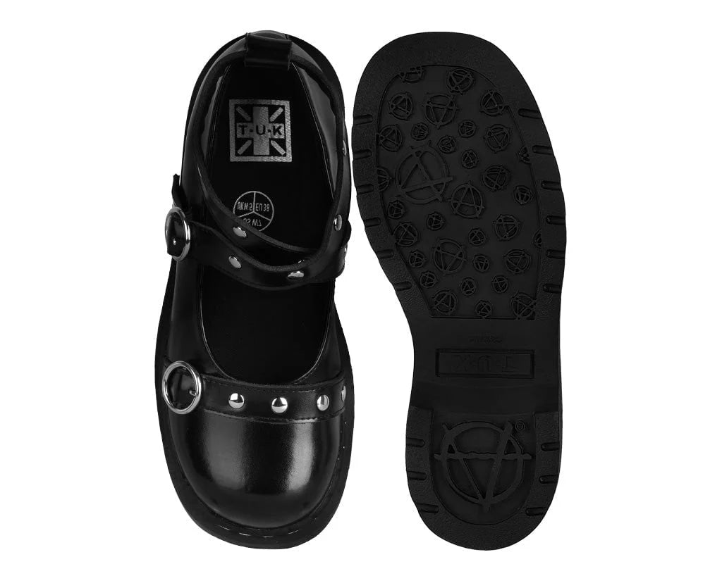 TUK Black Leather Studded Ankle Strap Mary Jane