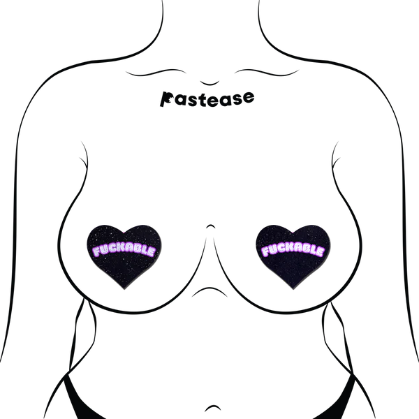 F*CKABLE' Heart Breast Pasties on Black Glitter Velvet