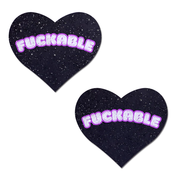 F*CKABLE' Heart Breast Pasties on Black Glitter Velvet