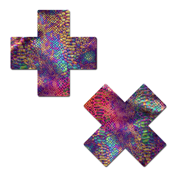 Plus X: Neon Rainbow Tie Dye Snake Print Cross Nipple Pasties