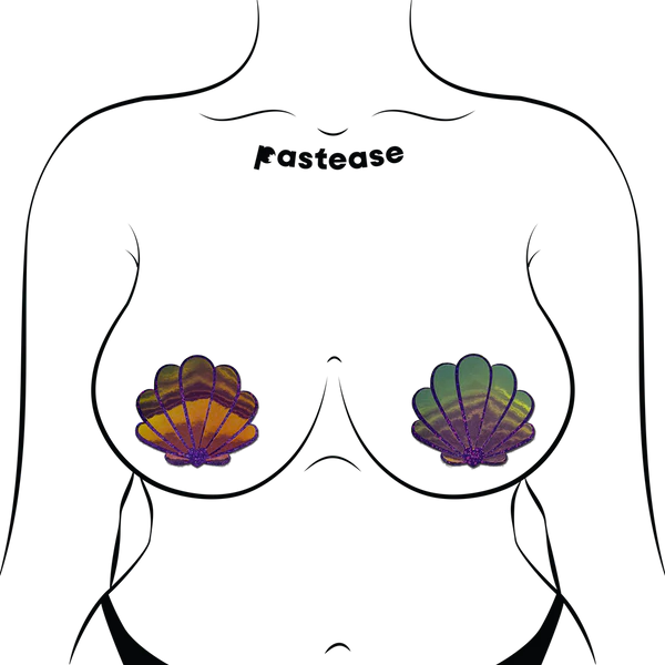 Pâtés de coquillages de sirène dans des coquilles opalescentes violettes et dorées pour les tétons de coquillage