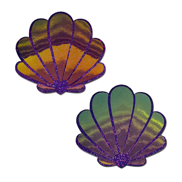 Pâtés de coquillages de sirène dans des coquilles opalescentes violettes et dorées pour les tétons de coquillage