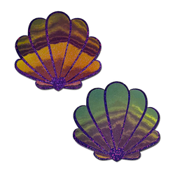 Pâtés de coquillages de sirène dans des coquilles opalescentes violettes et dorées pour les tétons de coquillage