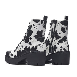 Daisy Cow Print Switch Lace Up Boots