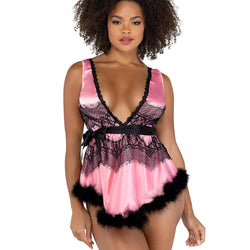 2PC Satin & Lace Babydoll with Tie & Faux Feather Detail