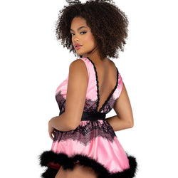 2PC Satin & Lace Babydoll with Tie & Faux Feather Detail